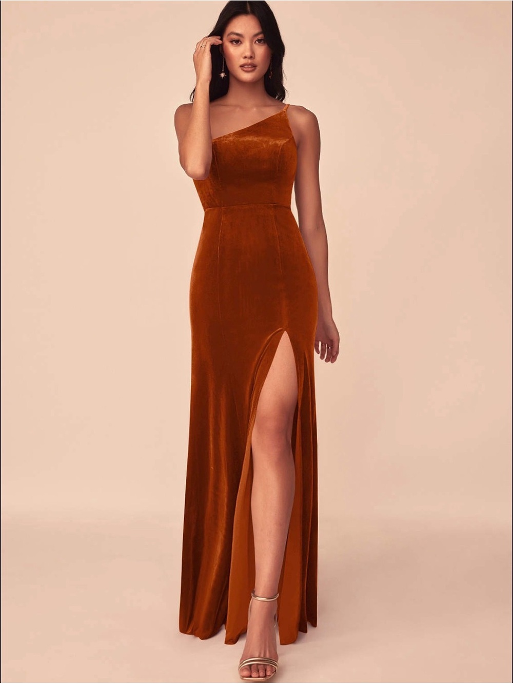 Azazie One-Shoulder Kala Velvet Gown in Rust Orange terracotta size A8 new